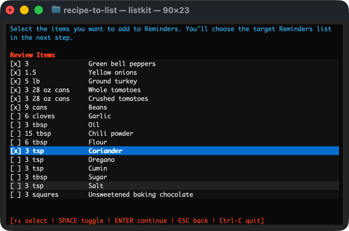 ListKit terminal screen showing a recipe checklist with scaled quantities