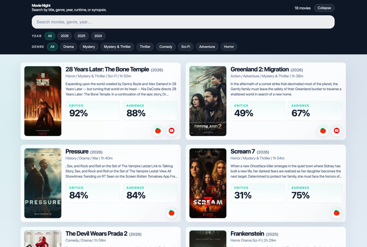 Movie Night web app showing movie cards with posters and Rotten Tomatoes scores