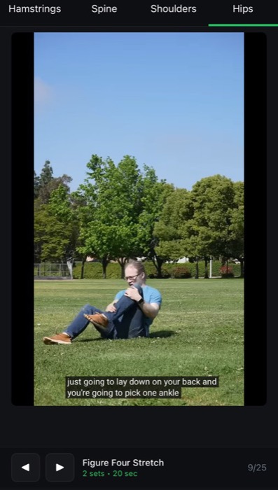 The app is intentionally phone-first: pick an area, follow the video, tap forward when you are ready for the next stretch.